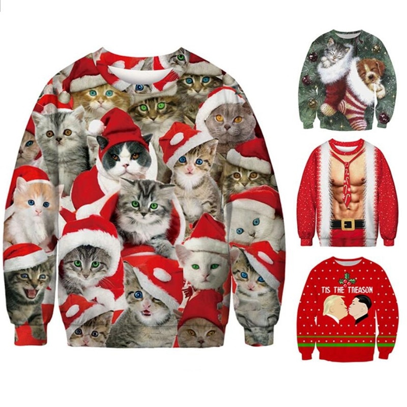 재미 있은 3D 인쇄 고양이 스웨터 남자 여자 추한 크리스마스 스웨터 점퍼 탑스 휴일 파티 풀오버 까마귀 스웨터, 3XL, 2020